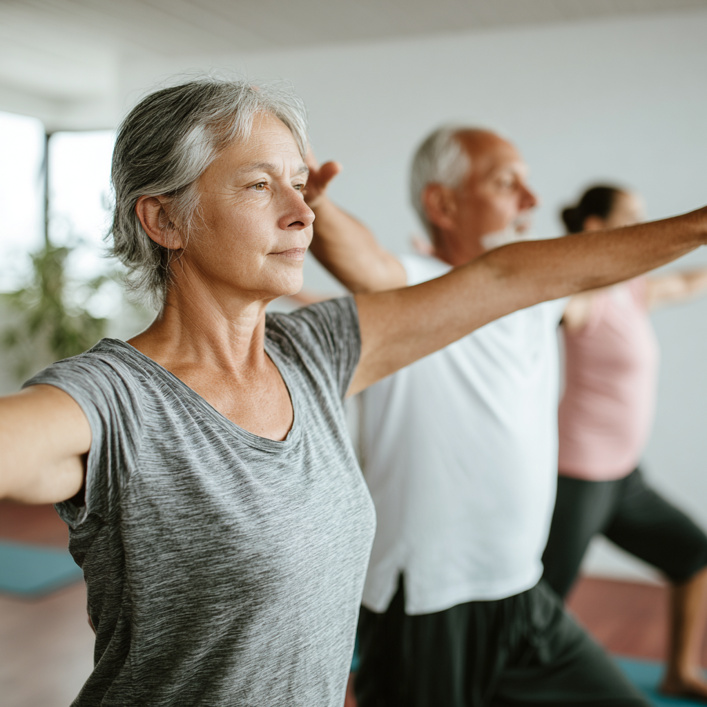 Middle-aged adults performing gentle stretching and mobility exercises in a calm environment