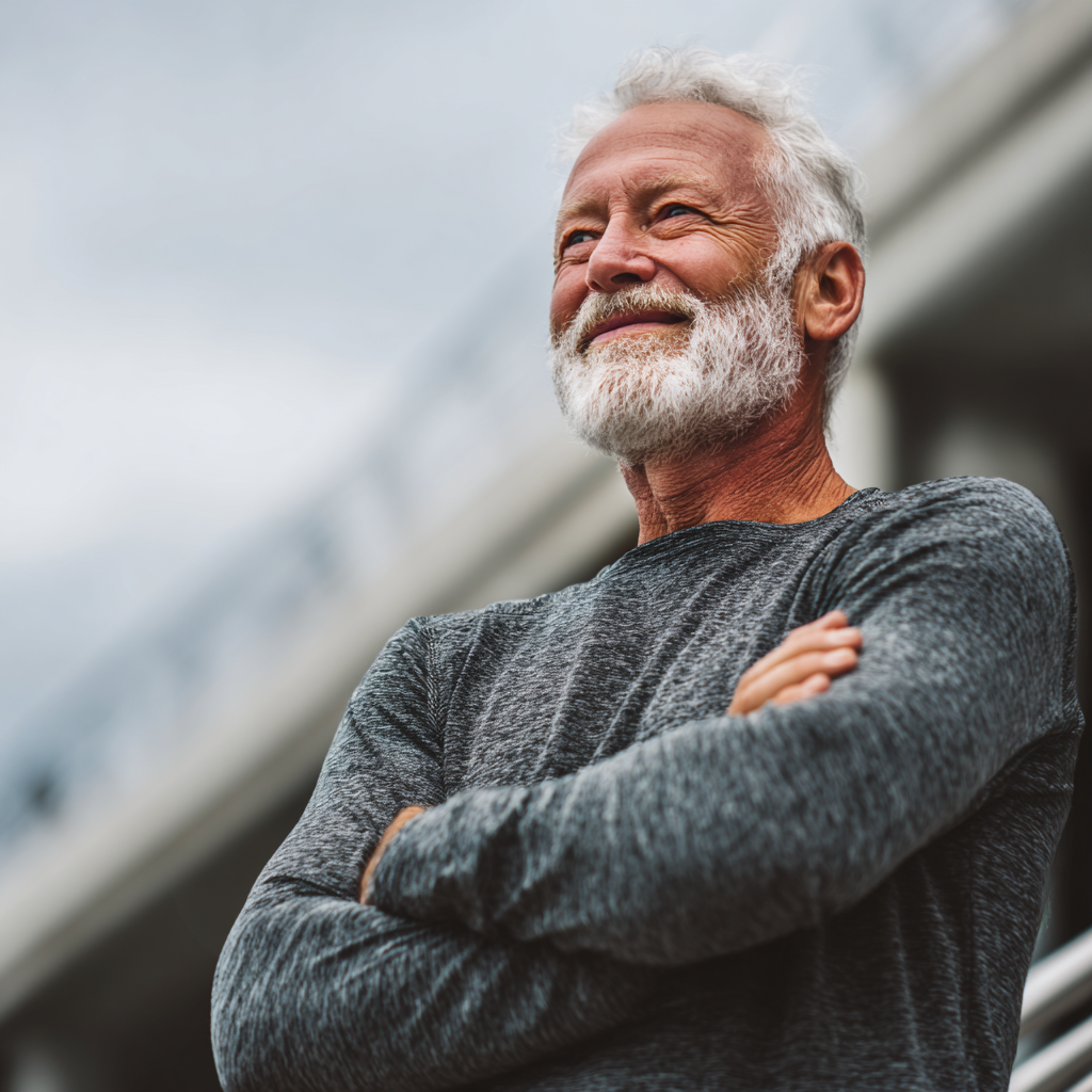 Older adult with confident posture smiling outdoors after physical activity